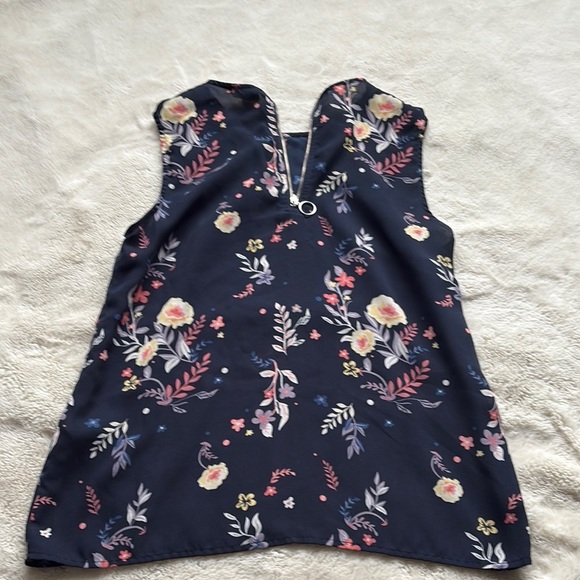 Twik Floral Sleeveless Blouse | Navy Zip Back Tank Top Size Small - Picture 3 of 7